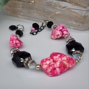 SALE/ Natural Hawolite Stone Silver Bracelet Black Crystals